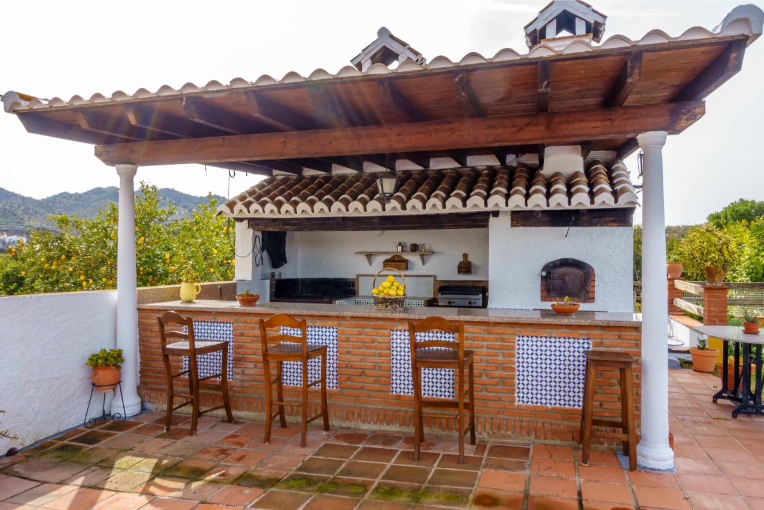 Covered barbecue area with brick bar and traditional wood-fired oven.