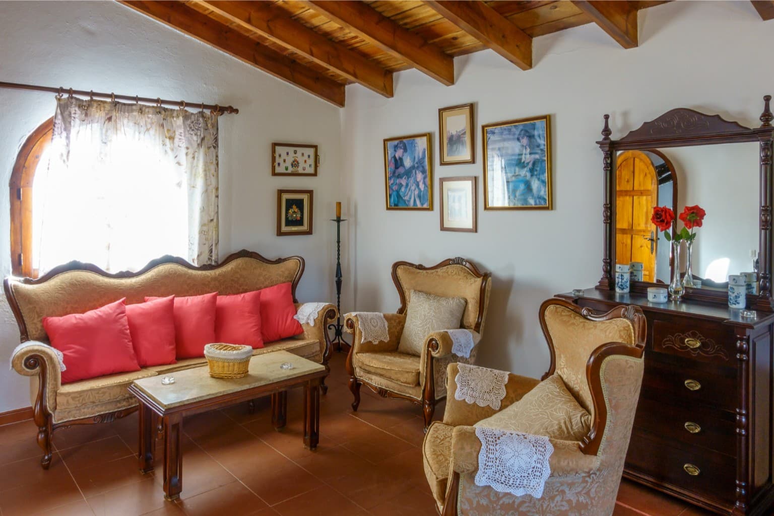 Cozy seating corner within the master suite with garden views.